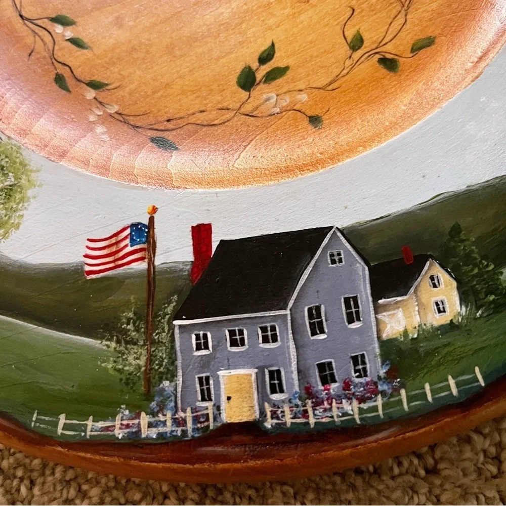 Hand Painted Wooden Plate Folk Art Coastal Village Nautical Americana Harbor